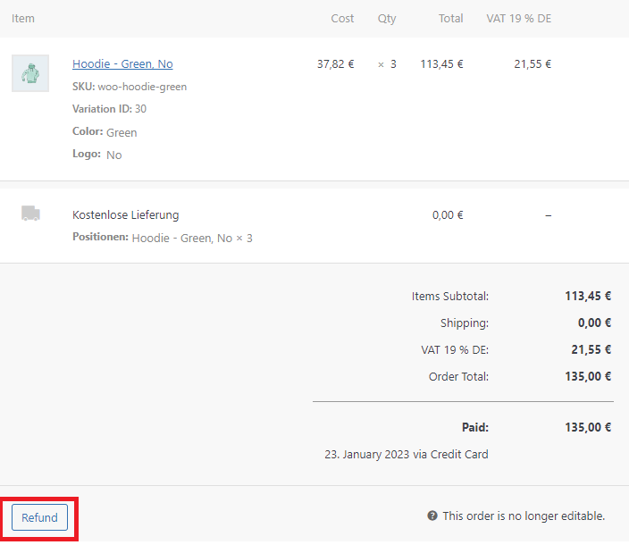 WooCommerce order detail view